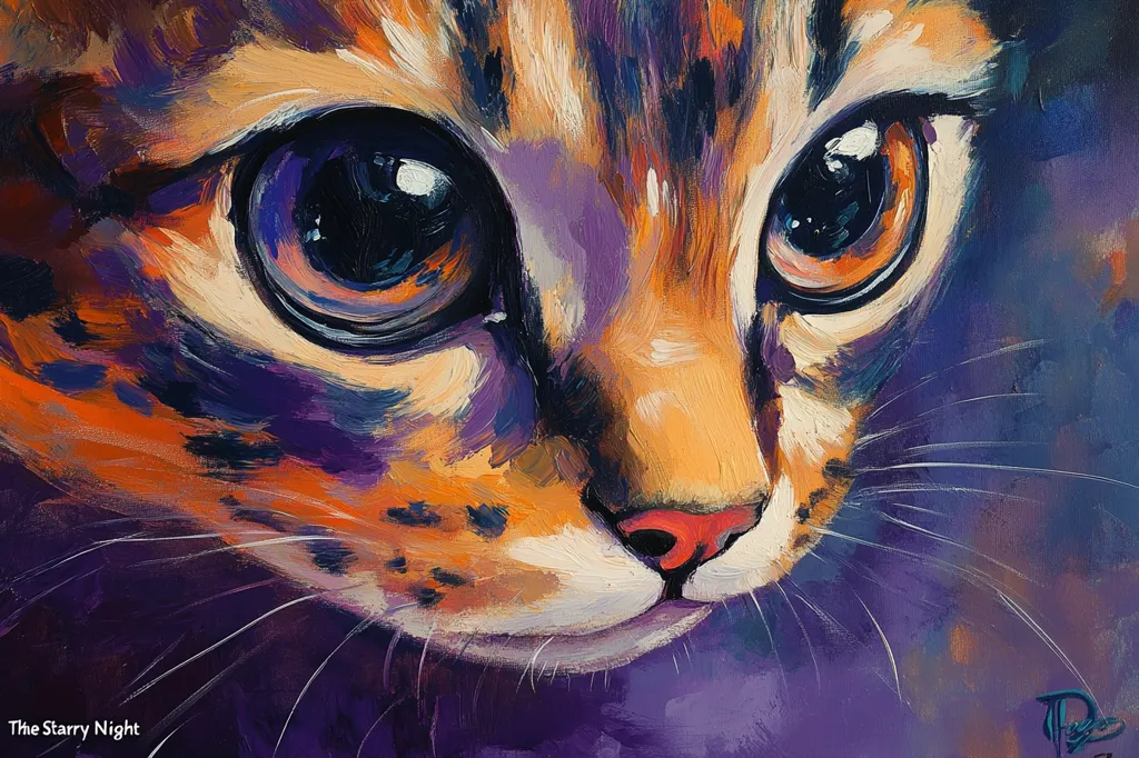 A vibrant, close-up painting of a kitten's face.  The artwork uses bold, expressive brushstrokes in warm oranges and yellows contrasted with cool purples and blues. The kitten's large, expressive eyes are the focal point, capturing a sense of curiosity and gentle innocence. The style is impasto, with visible texture from the paint. The title, "The Starry Night," suggests a connection between the feline's gaze and the vastness of a night sky.