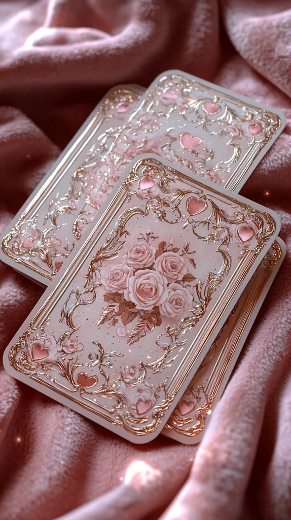 Three ornate cards, adorned with delicate rose imagery and gilded frames, rest on a plush pink fabric.  The cards feature a blush pink and gold color scheme, with embossed hearts and intricate floral details.  The luxurious texture and romantic design create a visually appealing and aesthetically pleasing image.  The soft pink background complements the cards’ delicate beauty.