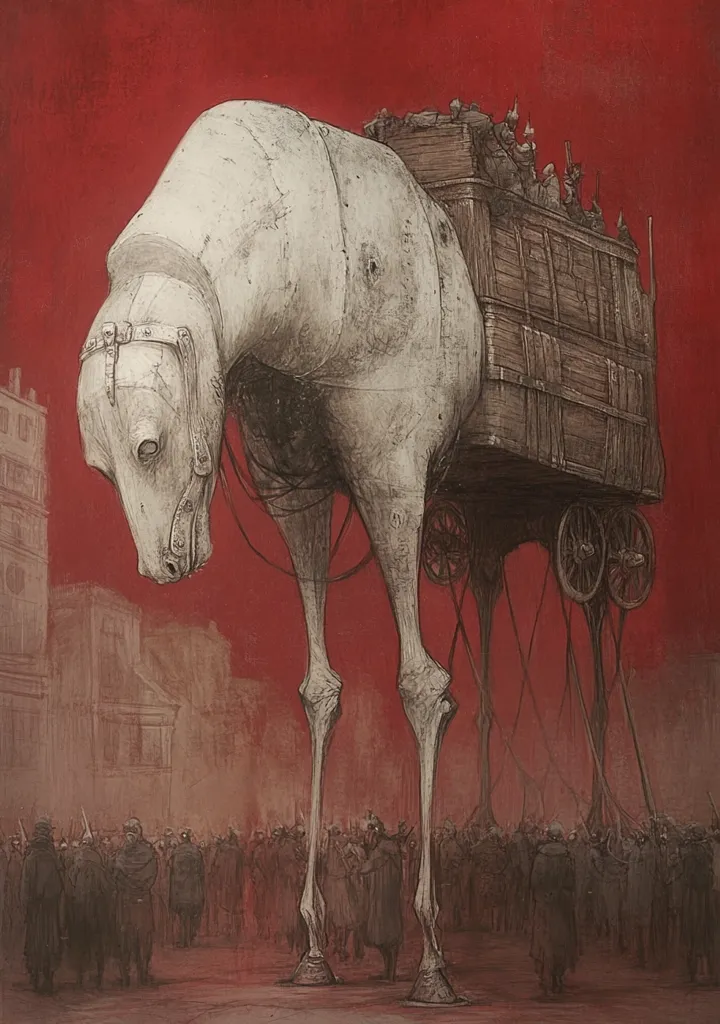 A colossal, pale horse-like creature carries a wooden cart overflowing with soldiers. Its impossibly long legs support the weight, casting a long shadow over a crowd of onlookers below. The background is a stark, crimson canvas, adding to the unsettling and surreal atmosphere of the scene. The artwork is rendered in shades of grey and sepia, creating a sense of age and mystery. The overall tone suggests a dark, allegorical narrative.