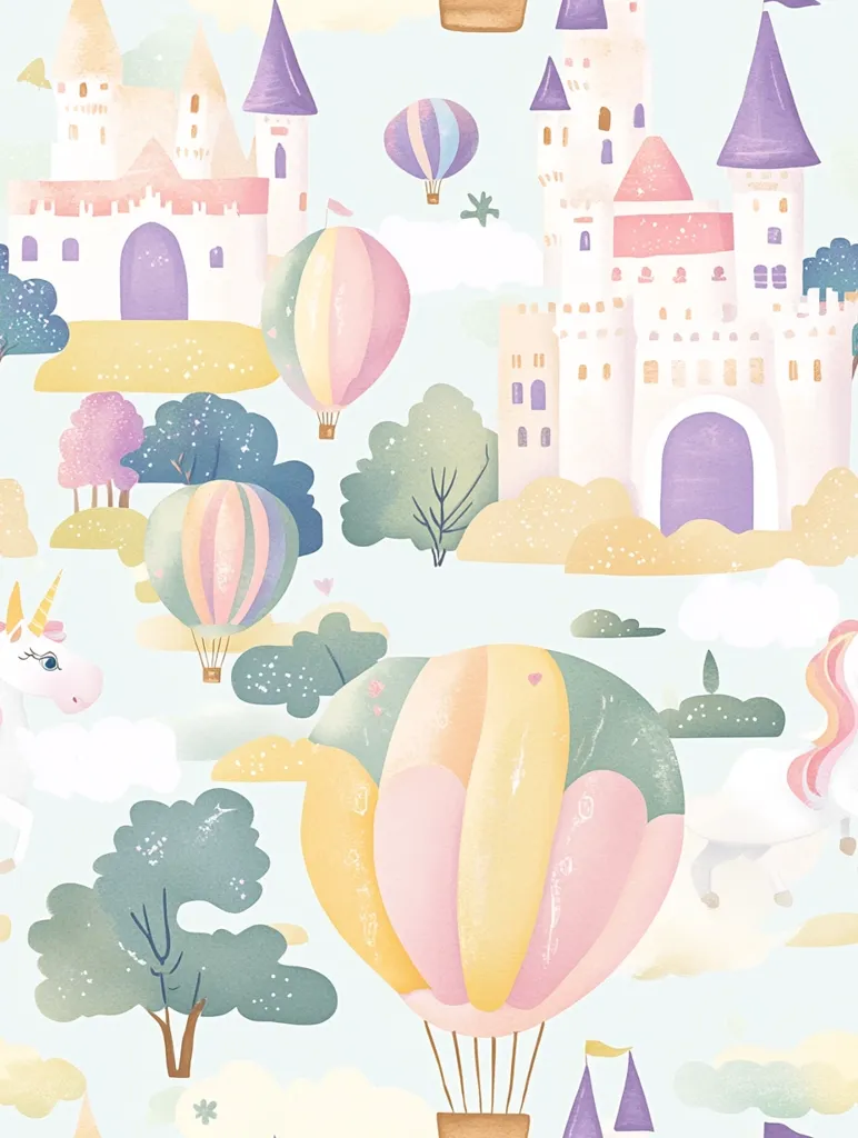 A whimsical pastel-colored illustration features fairytale castles, hot air balloons, and unicorns floating amidst fluffy clouds and stylized trees.  The overall design is sweet and dreamy, perfect for a child's room or nursery. Pastel pinks, purples, and yellows dominate the palette, creating a light and airy feel.  Unicorns are partially visible, adding to the enchanting atmosphere.