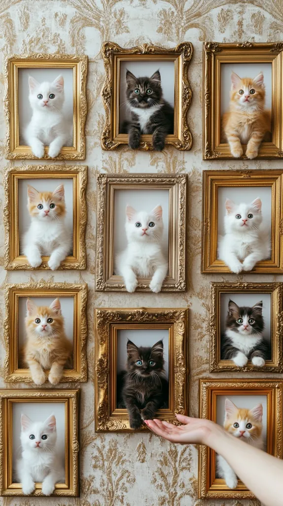 A charming arrangement of twelve kittens, each posed individually within ornate gold picture frames.  The frames are meticulously arranged on a patterned wallpaper background.  The kittens display a variety of colors and markings, including white, orange, black and white, creating a visually appealing and playful gallery of feline portraits. A hand gently reaches out towards one of the kittens, adding a touch of human interaction to the scene.