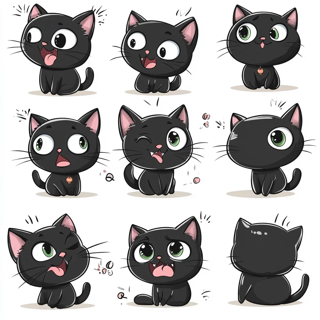 Nine adorable cartoon black kittens are shown in various poses and expressions.  They have large, expressive eyes and charming features.  Some are playful, some surprised, and others appear mischievous or content. The kittens are depicted against a white background, making them stand out vividly.  Each kitten displays a unique personality.