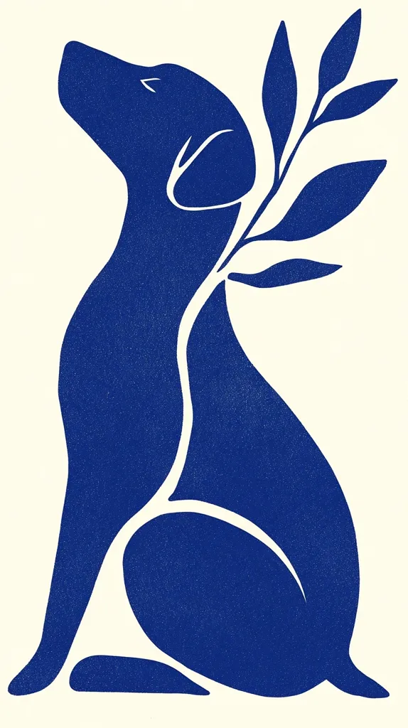 A stylized illustration of a dog, rendered in a deep blue, sits against a cream background.  The dog's posture is relaxed, head tilted upward. A stylized branch with leaves extends from the dog's back, adding a decorative element. The image employs a minimalist style, focusing on bold shapes and a limited color palette.  The texture appears slightly grainy, suggesting a printmaking technique.