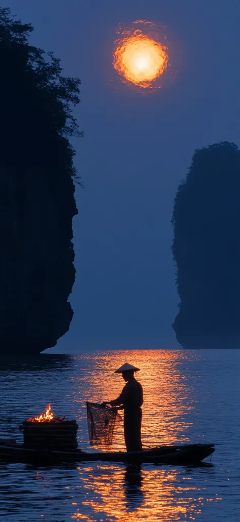 A silhouetted fisherman in a conical hat stands on a small boat, holding a fishing net. A fire burns in a basket beside him.  Towering limestone karsts frame the tranquil scene, reflecting the fiery hues of the setting sun, which is partially obscured by clouds. The deep blue water mirrors the sky and the sun's warm glow.  The image evokes a sense of serenity and traditional life.