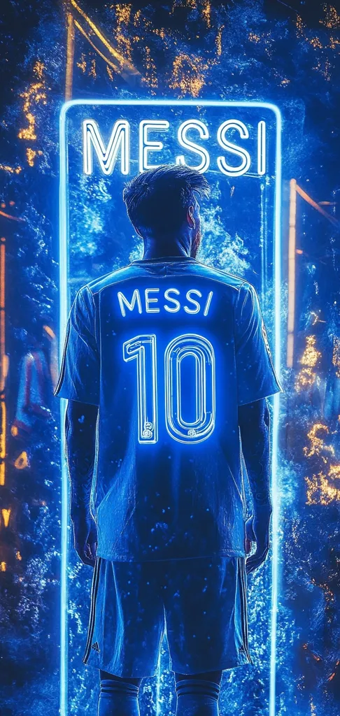 A stylized image of Lionel Messi, viewed from behind. He's wearing a blue soccer jersey with "MESSI" and "10" in neon blue lettering.  The background is a vibrant blue, with neon lights and a shimmering effect.  The overall aesthetic is futuristic and dynamic, highlighting Messi's iconic status in soccer.