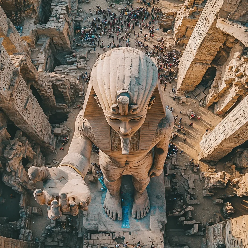 An aerial view showcases a colossal statue of a pharaoh, his outstretched hand seemingly offering a gesture of welcome or guidance.  Surrounding the statue are the ruins of a grand ancient Egyptian temple complex, teeming with tourists exploring the historical site.  The stonework and hieroglyphs are clearly visible, emphasizing the scale of the monument and the magnitude of the ancient civilization. The image offers a captivating perspective of history and tourism.