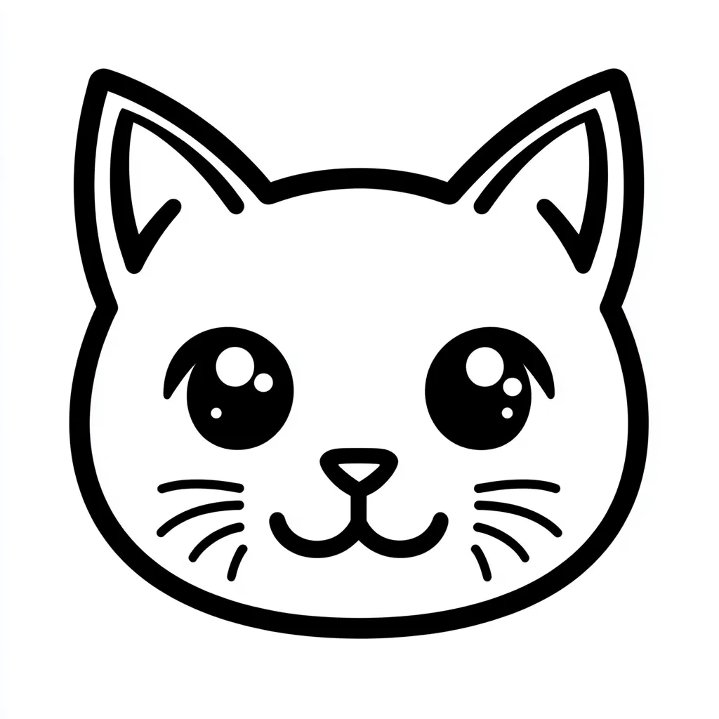 A simple line drawing of a cute cartoon cat's face.  The cat has large, expressive eyes, small whiskers, and a cheerful smile. The style is reminiscent of anime or manga, with bold outlines and simplified features.  The image is entirely black and white, suitable for coloring or use as a simple graphic.