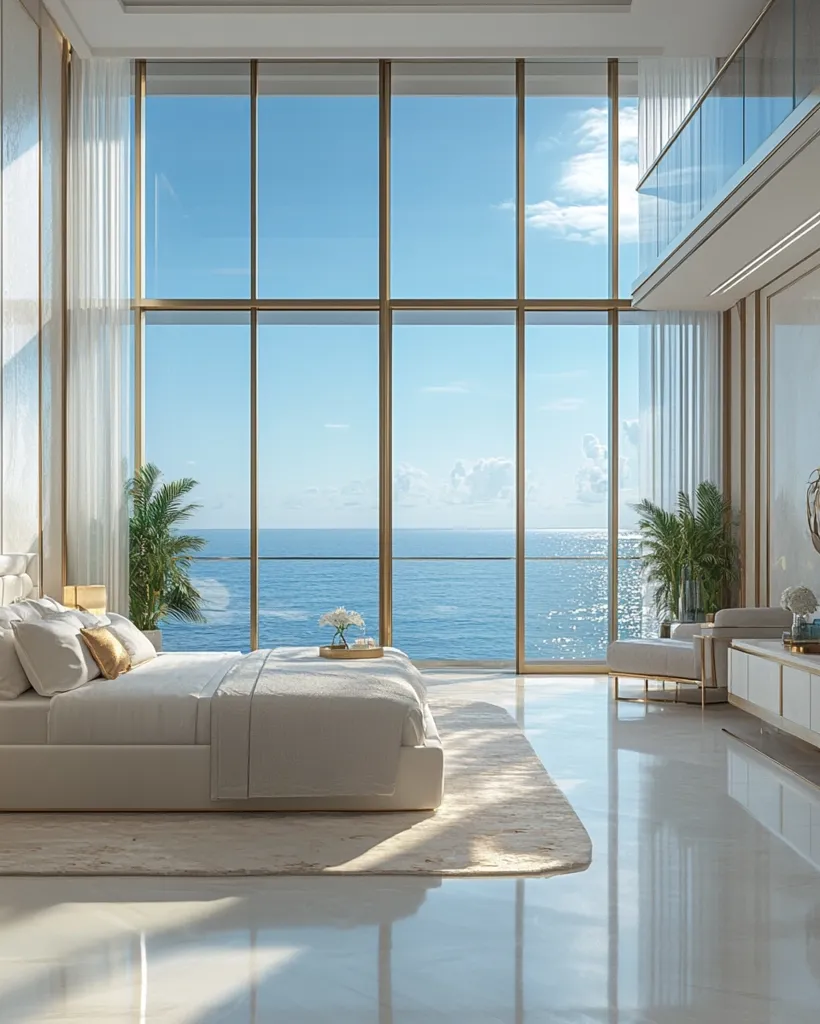 A luxurious bedroom boasts floor-to-ceiling windows offering breathtaking ocean views.  A large, plush bed dressed in crisp white linens is the focal point, complemented by a neutral color palette and elegant furnishings.  Sunlight streams through the expansive windows, illuminating the polished floors and creating a serene and sophisticated atmosphere.  The room's design is minimalist yet opulent, showcasing a perfect blend of comfort and luxury.