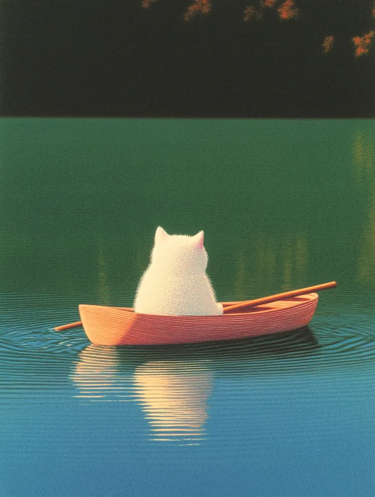 A serene image depicts a fluffy white cat seated in a small, reddish-orange wooden rowboat on a calm, teal-green lake.  The cat faces away from the viewer, paddling gently with a simple wooden oar. The water is still, reflecting the boat and the cat with subtle ripples spreading from the oars.  A dark, shadowed shoreline is visible in the background. The overall mood is peaceful and contemplative.