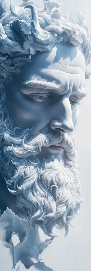 A digital painting or sculpture depicts a majestic, aged man with a flowing beard and hair.  His features are weathered and expressive, conveying a sense of wisdom and possibly sorrow. He wears a crown-like headdress of swirling, organic shapes, adding to his mythical or god-like appearance. The monochromatic blue-grey palette enhances the feeling of cold stone or ice, creating a striking visual.