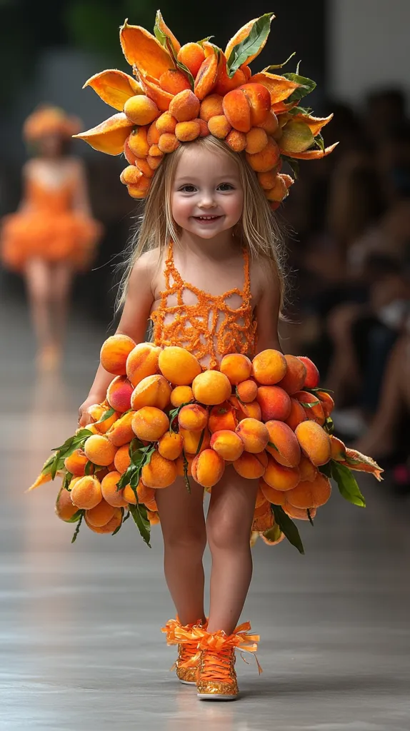 A young girl smiles brightly while showcasing a unique fashion design.  Her dress and headpiece are elaborately crafted from numerous apricots, creating a vibrant orange ensemble. The girl's cheerful expression and the unusual fruit-based attire make for a striking image, likely from a children's fashion show.  She wears matching orange shoes, completing the fruit-themed look.