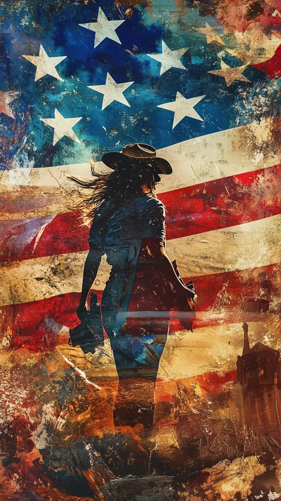 A stylized image depicts a woman in a cowboy hat, her back to the viewer, standing before a textured American flag backdrop.  Her silhouette is partially transparent, overlaid on a landscape suggesting a historical or western setting.  The overall effect is gritty and painterly, with a blend of realism and abstraction, evoking themes of Americana and strength. The color palette is rich with reds, blues, and golds.