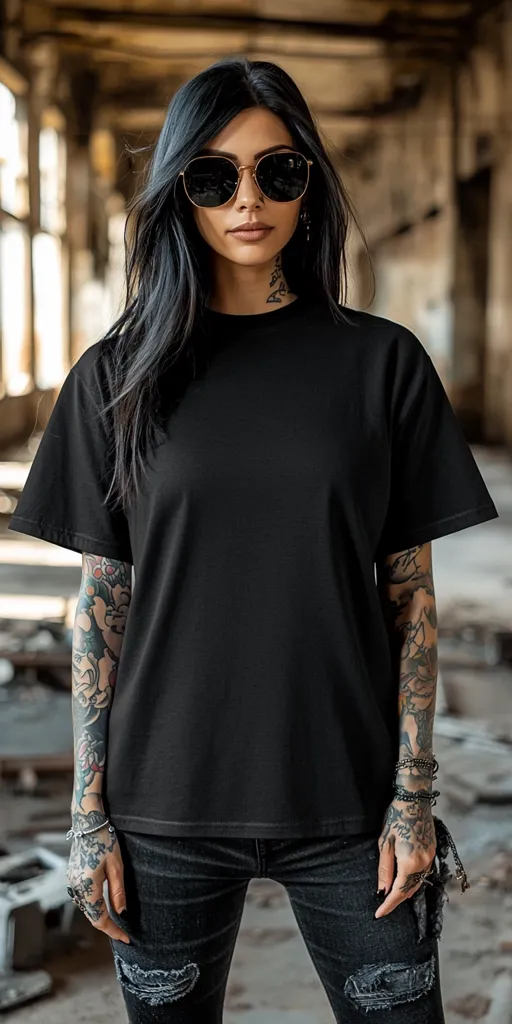 A young woman with long black hair and numerous tattoos stands in a grunge-style setting. She wears a black oversized t-shirt, dark-wash ripped jeans, and gold aviator sunglasses.  Her tattoos are visible on her arms and neck. The background features a dilapidated industrial building, enhancing the edgy aesthetic.