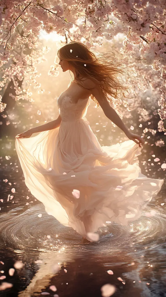 A woman in a flowing, light peach dress dances amidst a blossoming cherry tree.  Pink petals fall around her as she twirls, creating a magical, ethereal atmosphere.  The sun shines through the branches, illuminating her dress and the water below, which ripples gently in concentric circles around her feet.  The overall scene is dreamlike and romantic.