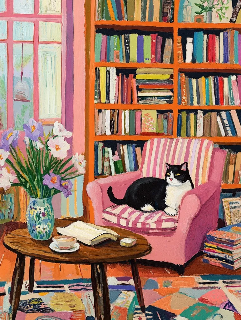 A cozy room features a pink armchair with a black and white cat lounging on it.  A vibrant bouquet of irises sits on a side table next to an open book and a cup. A large orange bookshelf overflowing with books lines the wall, adding to the warm, inviting atmosphere. The scene is painted in a bright, expressive style.
