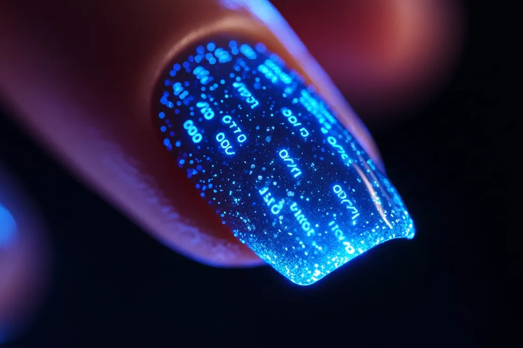Close-up of a fingernail with a vibrant blue nail design.  The nail polish features glowing, glittery blue particles and embedded, light-blue alphanumeric code, creating a futuristic, tech-inspired look. The image is sharply focused on the nail, highlighting the intricate detail of the design against a dark background.