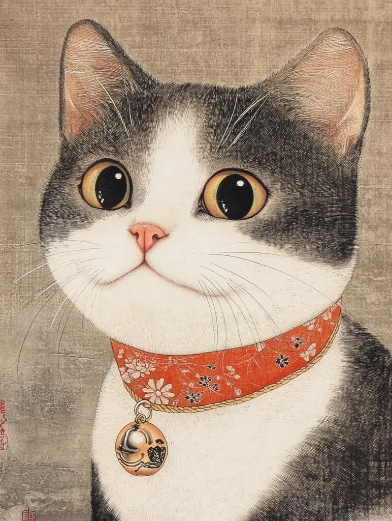 A close-up illustration depicts a charming bicolour cat, predominantly white with grey markings on its head and back.  Its large, expressive eyes and endearingly surprised expression are captivating.  The cat wears a vibrant orange collar adorned with a delicate floral pattern and a small, ornate bell. The style suggests a blend of traditional Eastern art techniques with a modern, almost whimsical, feel.