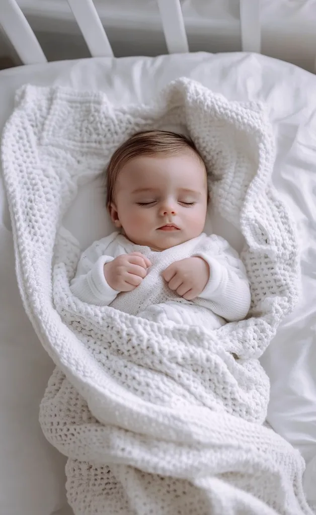 A baby, swaddled in a white crocheted blanket, sleeps soundly in a white crib.  The infant's eyes are closed, and its hands are gently clasped together on its chest.  The soft, textured blanket provides a cozy and peaceful atmosphere. The overall scene is serene and evokes a feeling of calm.
