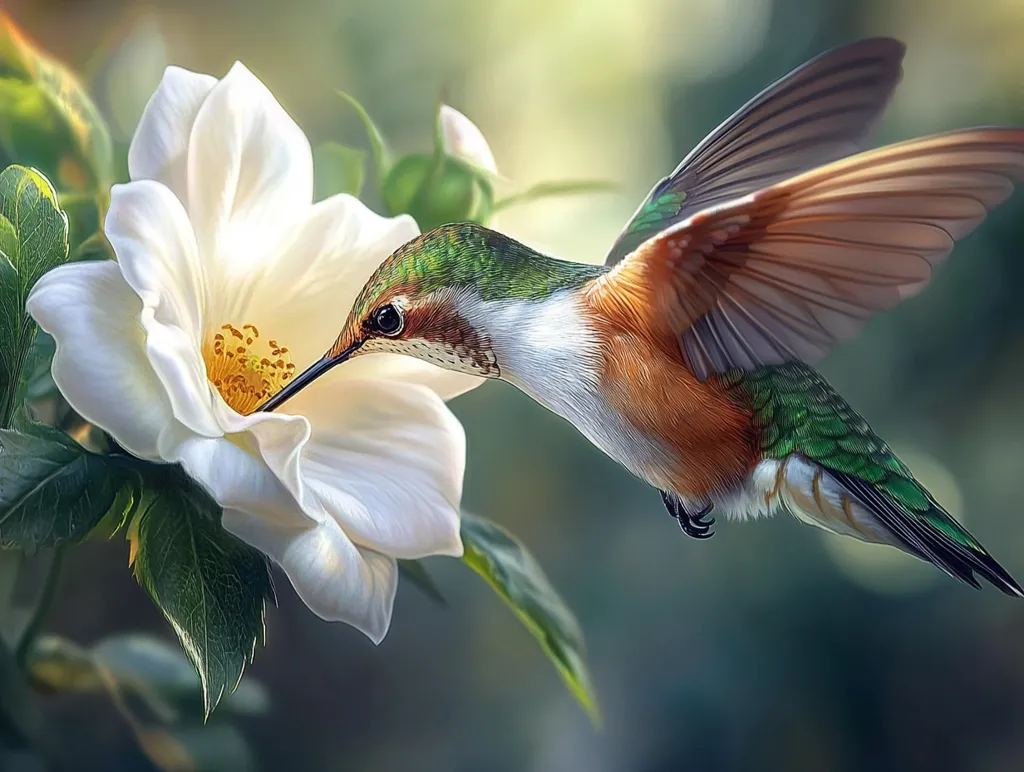 A vibrant hummingbird, with iridescent green and copper-orange feathers, hovers delicately near a large, pristine white flower.  Its long beak extends into the flower's center, seemingly extracting nectar. The wings are outstretched, capturing a moment of graceful flight.  The background is softly blurred, focusing attention on the exquisite detail of the bird and bloom.
