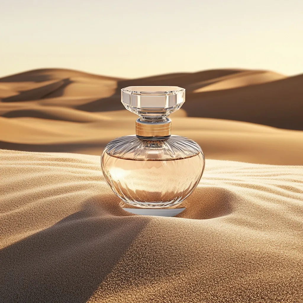 A bottle of amber-colored perfume sits nestled in desert sand dunes.  The perfume bottle is elegant, with a clear, faceted stopper and a curved, glass body.  The warm, golden light of the setting sun casts long shadows across the sand, enhancing the luxurious feel of the scene. The overall image evokes a sense of warmth, luxury, and exotic adventure.