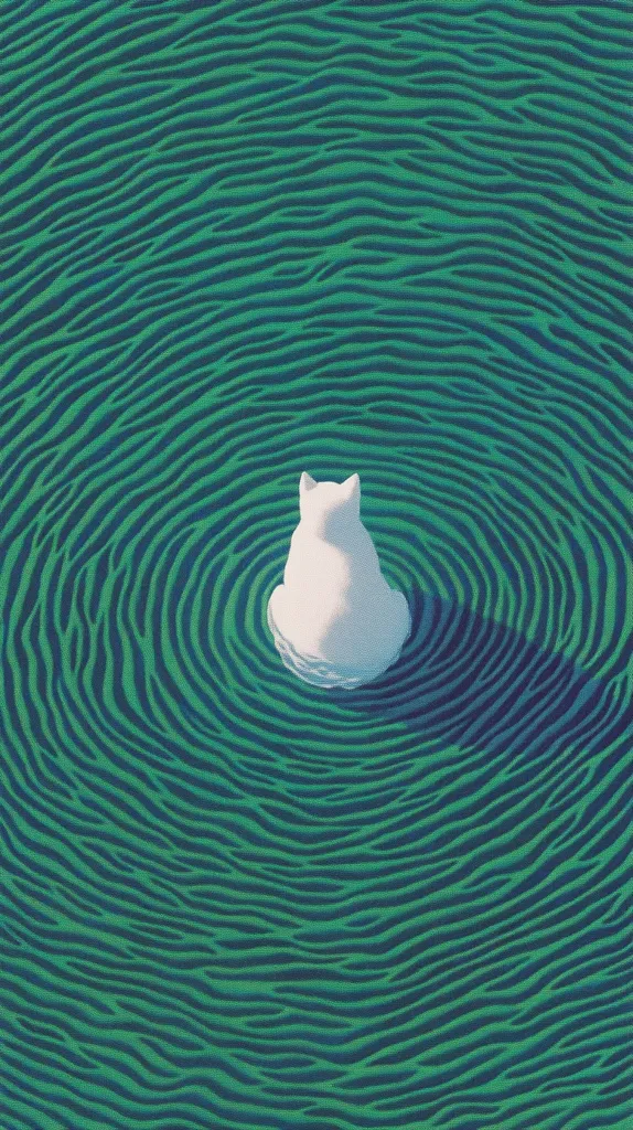 A stylized illustration depicts a white cat sitting in the center of a teal-green body of water.  The water's surface is textured with concentric ripples emanating outward from the cat, creating a mesmerizing visual effect. The cat's posture is serene, its back to the viewer, adding to the calm atmosphere of the artwork. The overall style is minimalist and slightly surreal.