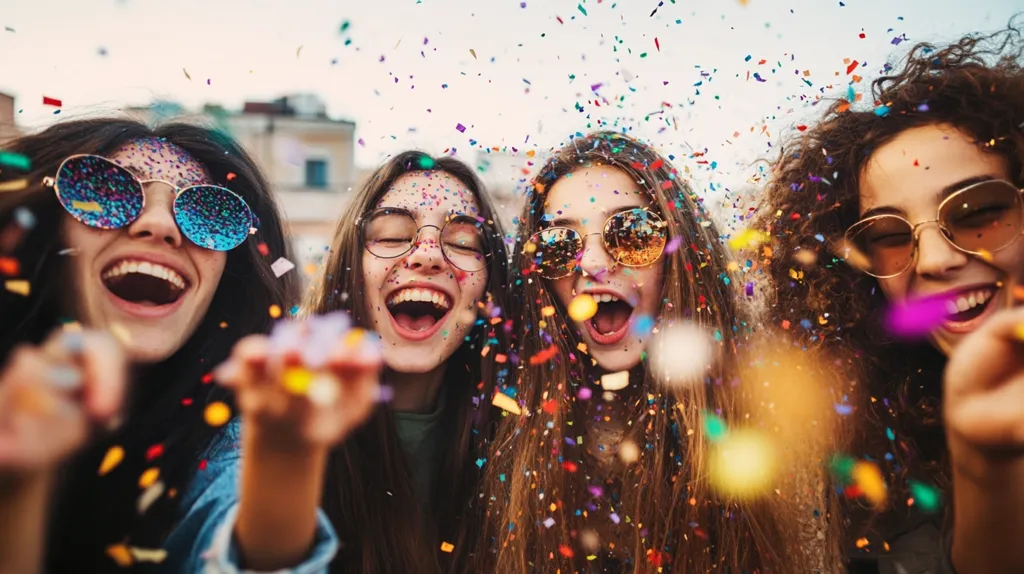 Four young women, adorned in sunglasses and speckled with colorful confetti, joyfully celebrate.  Their laughter and expressions radiate happiness as they revel in a shower of vibrant, multicolored sprinkles.  The image captures a moment of spontaneous, carefree fun and friendship.
