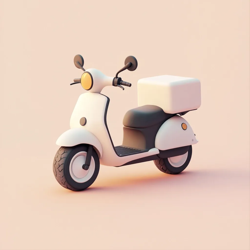 A stylized white delivery scooter with a rectangular box on the back is presented against a pale pink background.  The scooter has dark gray accents on the seat and wheels, and a small yellow headlight.  The image is rendered in a smooth, three-dimensional style, suggesting a digital illustration or animation.  The overall aesthetic is clean and modern.