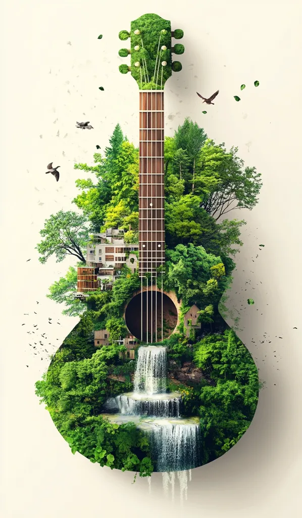 A lush green landscape, complete with a cascading waterfall and small buildings, fills the shape of an acoustic guitar.  Birds fly around the guitar, which has a wooden neck and headstock.  The image blends nature and music in a surreal and harmonious composition, suggesting a connection between the environment and artistic expression.