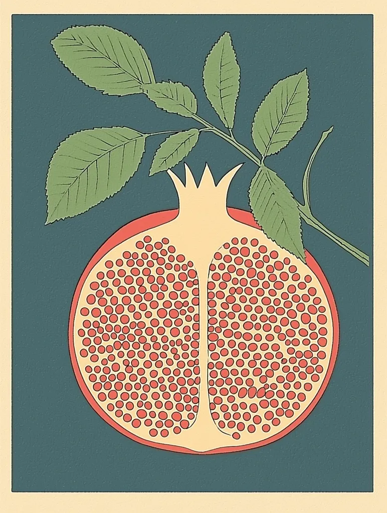 A stylized illustration of a pomegranate, cut in half to reveal its numerous seeds.  The seeds are depicted as small, evenly spaced red circles on a pale yellow background.  A branch with several green leaves extends from the top of the fruit against a teal backdrop. The style is reminiscent of vintage botanical prints or art posters. The overall aesthetic is clean and simple.