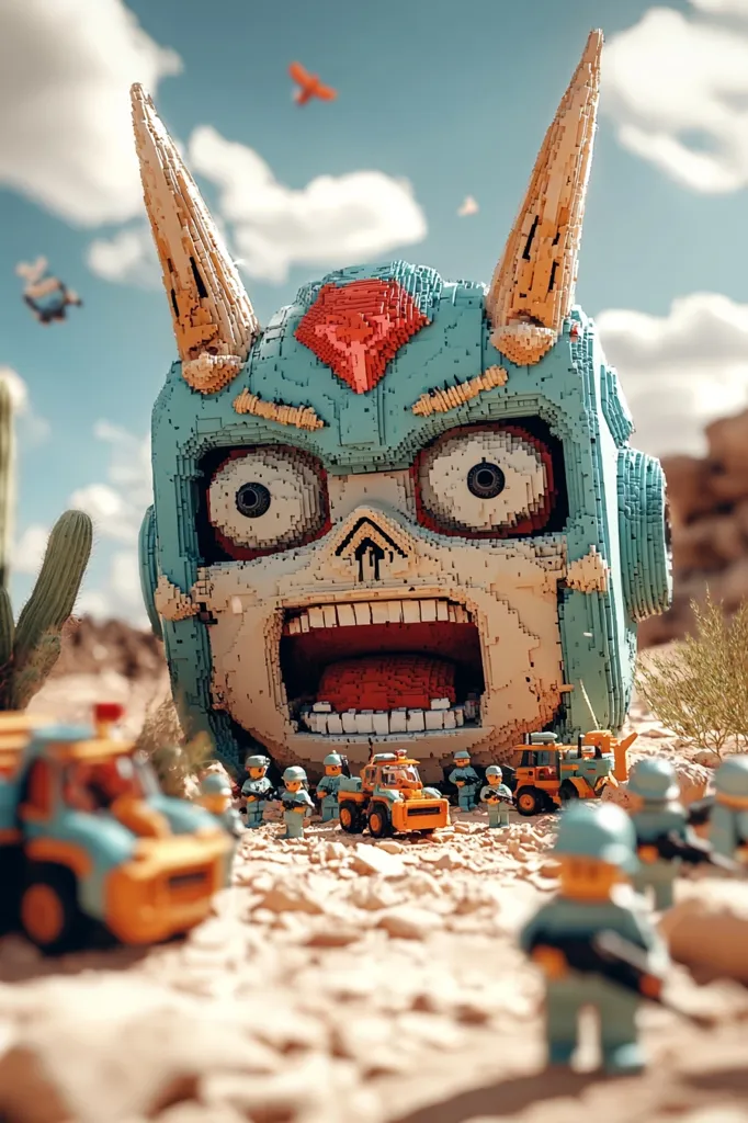 A colossal, Lego-like robot head, with a screaming expression and large horns, dominates a desert landscape.  Smaller Lego figures, resembling soldiers and construction workers with miniature vehicles, are positioned in front of the giant head, creating a striking contrast in scale. The scene is set against a backdrop of cacti and a partly cloudy sky, enhancing the surreal and whimsical atmosphere.
