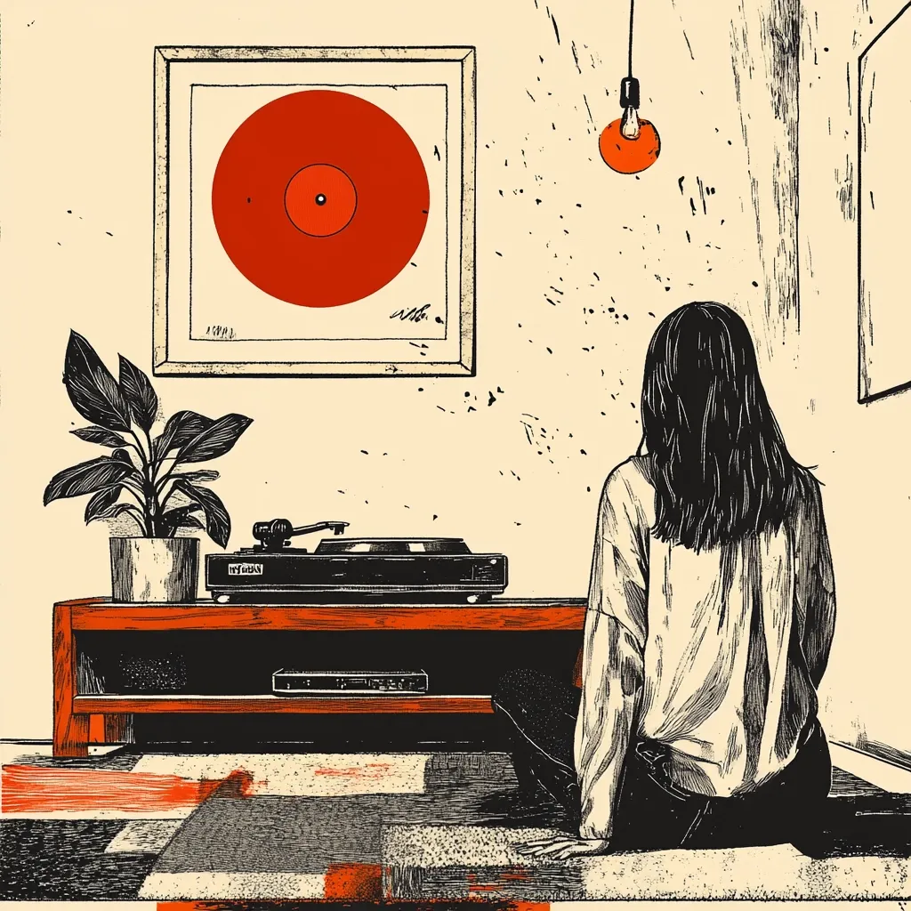 A linocut-style illustration depicts a woman sitting on the floor, back to the viewer, listening to a record player.  A framed image of a red vinyl record hangs on the wall above the player, which sits on a low wooden cabinet. A houseplant and a hanging light bulb complete the scene, set against a textured, off-white wall. The overall mood is calm and introspective.