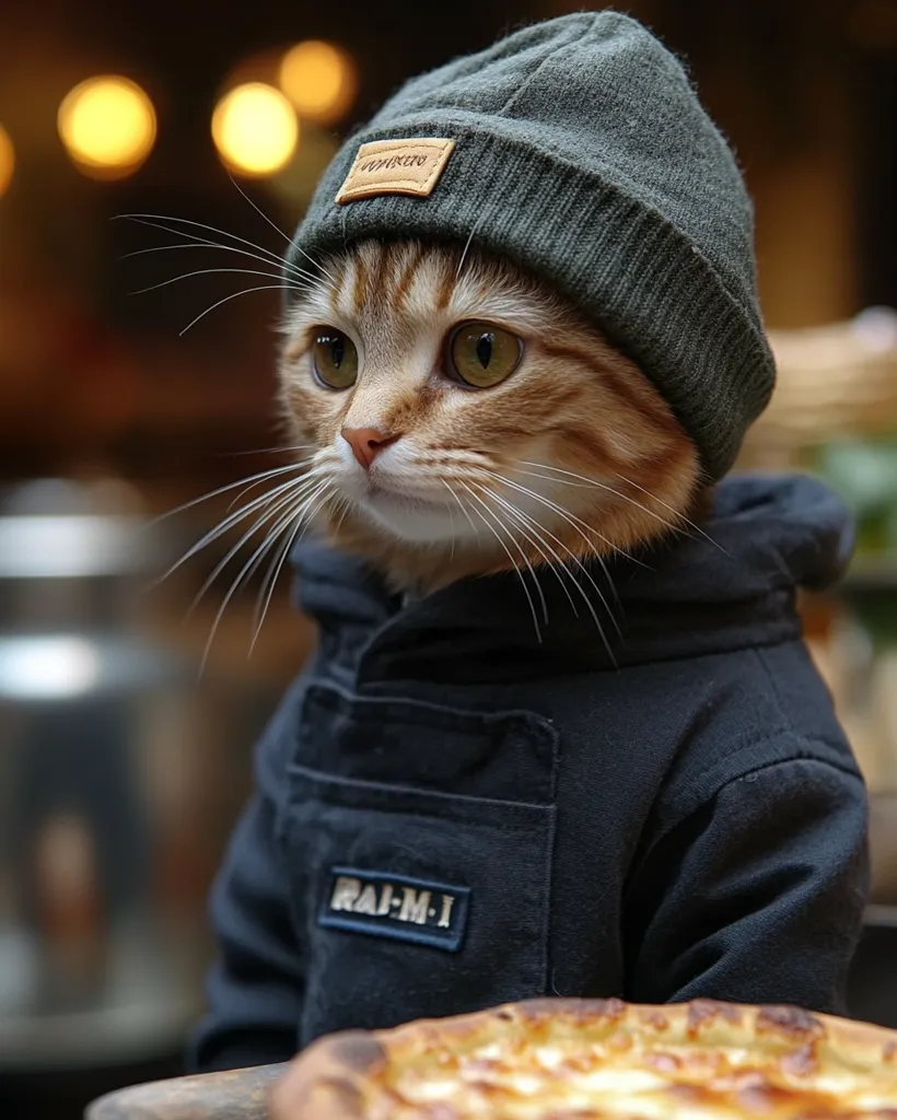 An adorable ginger cat, wearing a dark gray beanie and a dark navy blue jacket with a small patch on the pocket, sits attentively.  Its large, expressive eyes gaze thoughtfully to the side.  A delicious-looking pizza is partially visible in the foreground, adding to the charming and cozy scene. The cat's attire and setting suggest a relaxed, perhaps café-like atmosphere.