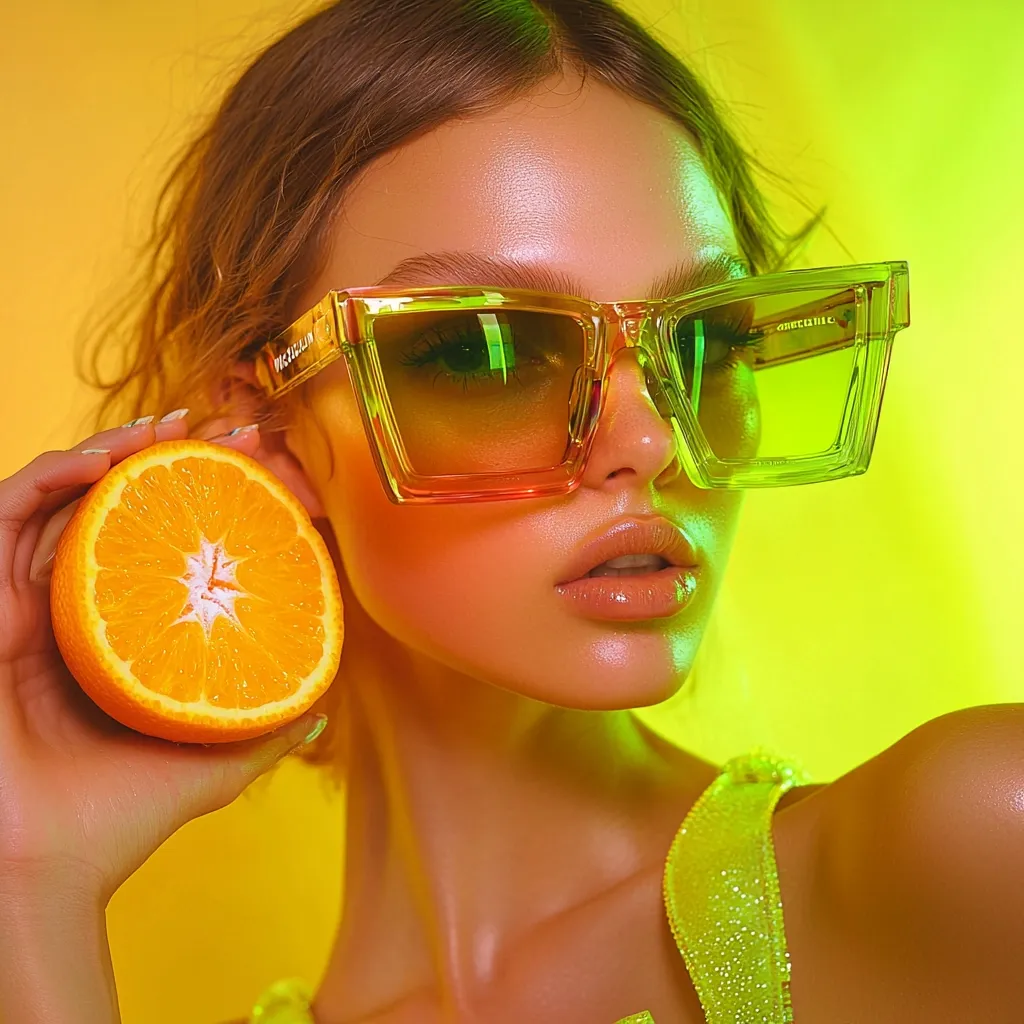 A young woman with sun-kissed skin wears large, transparent, amber-tinted sunglasses.  She holds half an orange to her ear, creating a vibrant, summery image. The background is a bright, contrasting yellow and green gradient.  Her makeup is minimal, highlighting her natural beauty. The overall aesthetic is bold and playful.