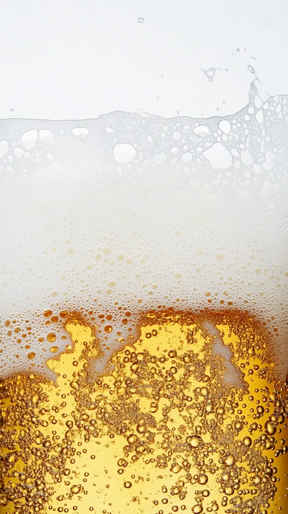 A close-up shot of a glass of beer.  The image focuses on the head of the beer, showcasing a thick layer of white foam with numerous bubbles.  Below the foam, the golden-amber beer is visible, also filled with tiny bubbles rising to the surface. The contrast between the creamy white foam and the vibrant beer creates a visually appealing image of effervescence.