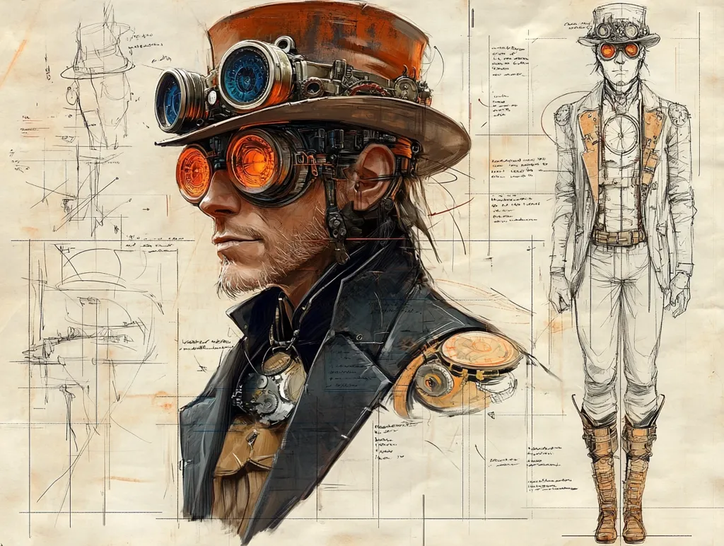 A steampunk-style illustration features a detailed portrait of a man wearing elaborate goggles and a top hat, overlaid on technical drawings.  The design incorporates intricate mechanical elements. A full-body sketch of a similarly attired figure is shown alongside, suggesting a character design or blueprint. The aged parchment-like background enhances the vintage aesthetic.