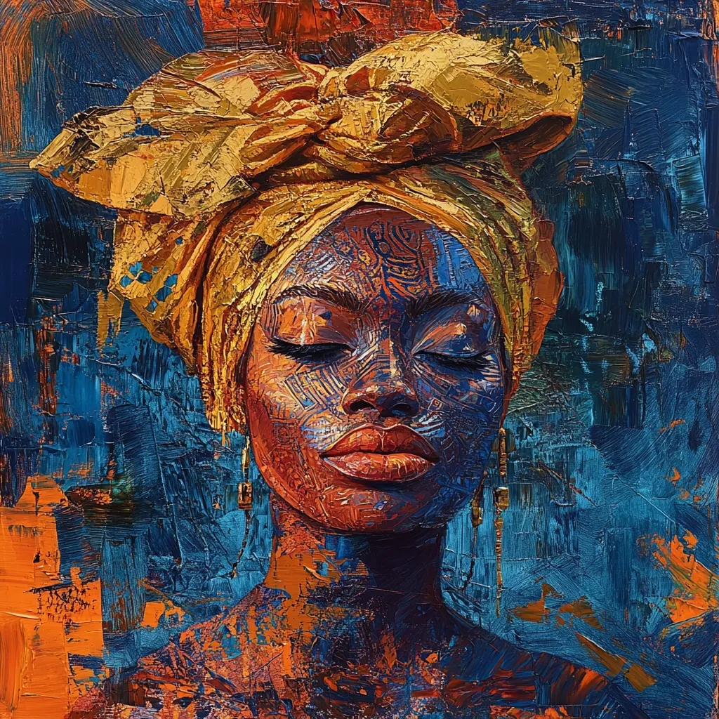 A vibrant impasto painting depicts a serene Black woman.  Her face is adorned with intricate patterns, and she wears a large, golden headwrap tied in a stylish knot. The background is a dynamic mix of blues and oranges, contrasting with the warm tones of her skin and headdress. The artist's thick brushstrokes add texture and depth, creating a powerful and evocative portrait.  Long, dangling earrings complete the look.