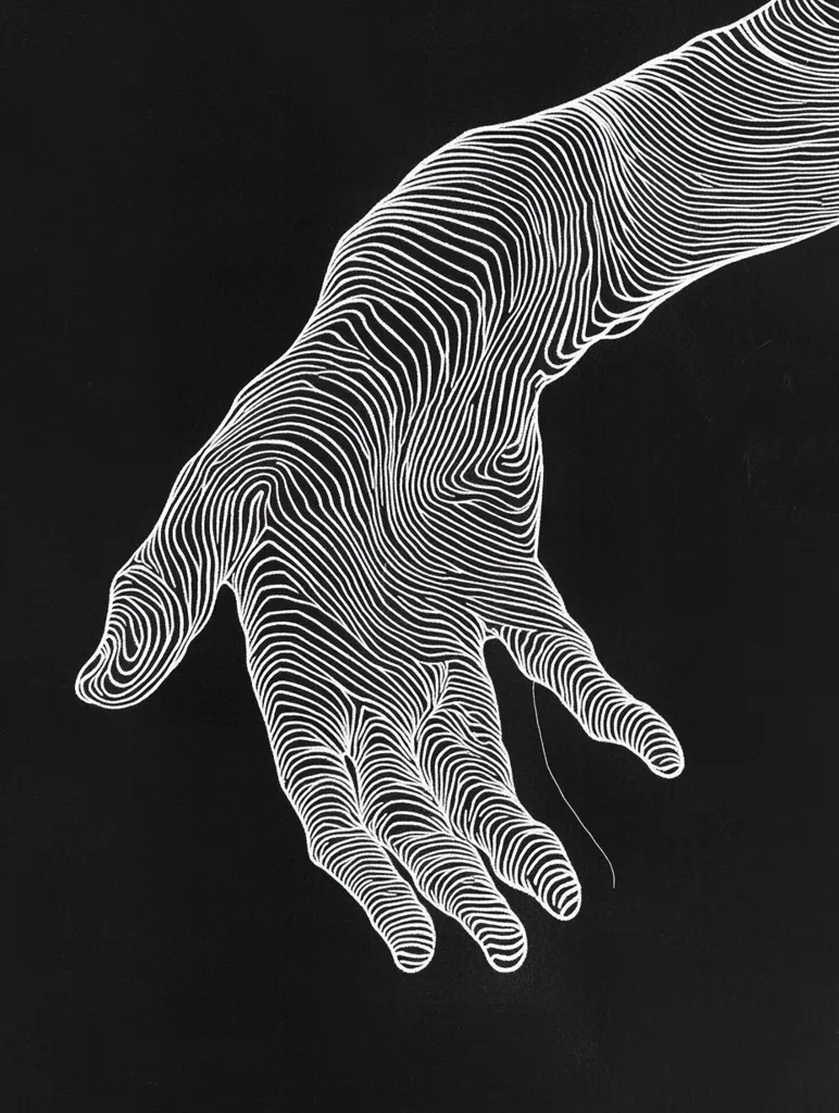 A stark black and white illustration depicts a hand reaching out, rendered in a unique style.  The hand is composed entirely of tightly packed, parallel white lines that create a three-dimensional effect, giving the impression of depth and texture within the contours of the hand. The lines flow smoothly, following the form of the outstretched fingers and the arm, creating a striking visual contrast against the black background.  The overall effect is minimalist yet powerfully expressive.