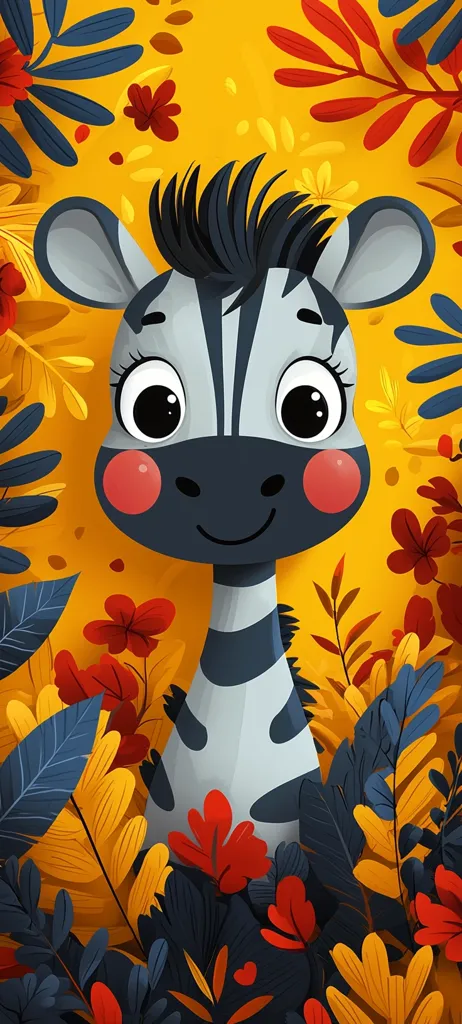 A cute cartoon zebra peeks from behind a vibrant arrangement of stylized leaves and flowers.  The zebra has large, expressive eyes and rosy cheeks. The background is a warm, sunny yellow, contrasting with the deep blues and reds of the foliage. The overall style is playful and cheerful, perfect for children's illustrations or phone wallpapers.