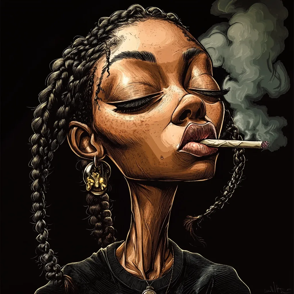 A stylized illustration of a young Black woman with long braids, eyes closed, smoking a joint.  Her features are exaggerated, giving a cartoonish quality.  She wears gold earrings and a dark shirt. The smoke curls around her face against a black background. The image is detailed with shading and linework, creating a striking visual.
