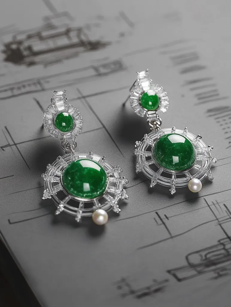 A pair of elegant earrings are displayed on a gray surface.  Each earring features a vibrant green gemstone surrounded by a delicate, sparkling, silver filigree design.  Small pearls dangle below each gemstone, adding a touch of classic sophistication. The earrings rest on a sheet of paper with faint technical drawings, hinting at the design process.