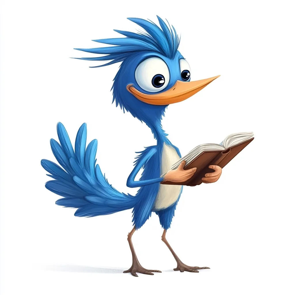 A charming cartoon bird, predominantly blue with an orange beak, stands on two legs, engrossed in reading a brown book.  Its large, expressive eyes and spiky blue crest add to its endearing character. The bird's posture suggests attentiveness and enjoyment of its literary pursuit.  The illustration is bright, cheerful, and whimsical.