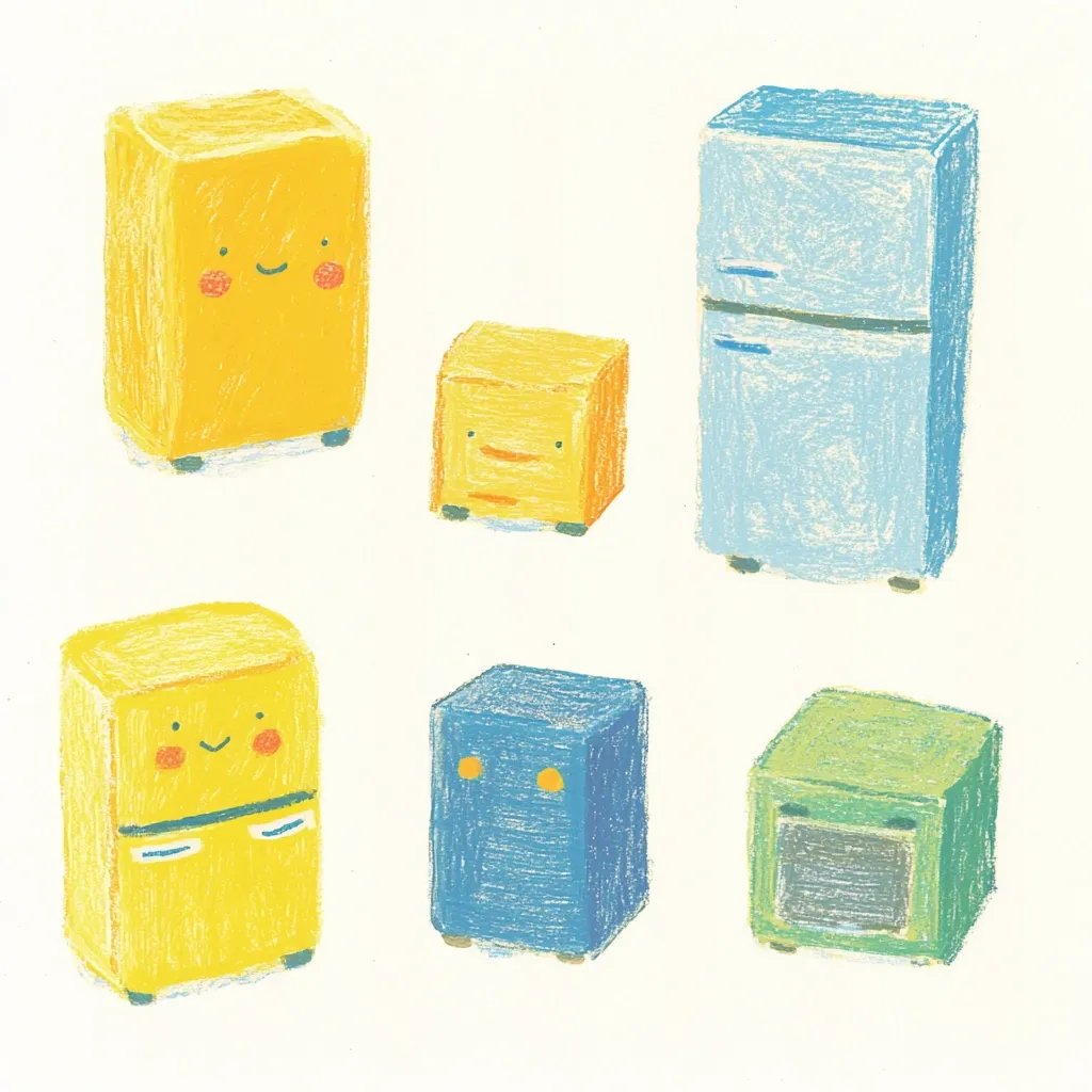 A whimsical illustration features six cartoon refrigerators in various pastel colors: yellow, light blue, and green.  Two larger yellow fridges have simple smiling faces, while a smaller yellow one has a beak-like feature. The blue fridges are more minimalist, and the green one resembles an oven.  They are drawn with a crayon or pastel texture, giving a childlike, charming aesthetic.