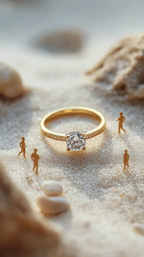 A gold diamond engagement ring rests on a sandy beach, surrounded by miniature figurines. The ring features a central round-cut diamond and a delicate gold band.  The setting is serene and idyllic, suggesting a romantic proposal or celebration. The small figures add a whimsical touch to the scene.  Soft, natural light enhances the sparkle of the diamond.