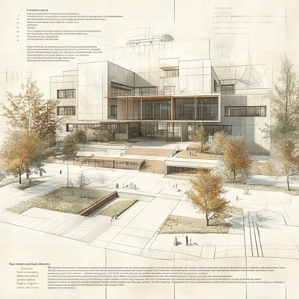 An architectural rendering showcases a modern building, possibly a museum or library.  The design is minimalist, featuring clean lines and a light-colored facade.  A spacious plaza surrounds the building, landscaped with trees and pathways.  Overlaid architectural sketches suggest the design process. The overall style is clean, modern, and inviting.