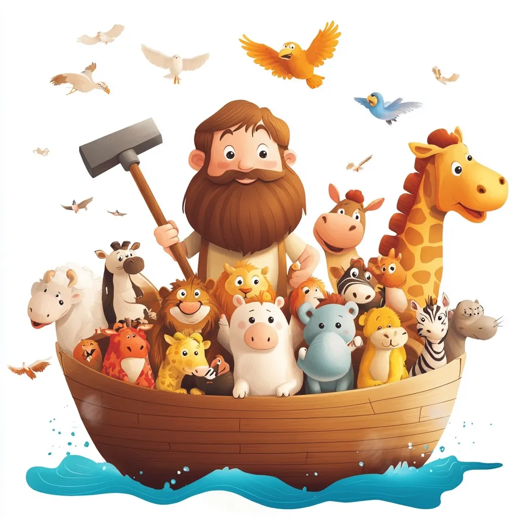 A cheerful illustration depicts Noah, a bearded man, piloting a wooden ark brimming with a diverse array of animals.  Birds fly overhead as the ark sails on tranquil blue waters.  The animals, including a giraffe, lion, zebra, and hippopotamus, are depicted in a friendly, cartoonish style, creating a vibrant and playful scene.  Noah holds a mallet, suggesting the construction or maintenance of the ark.