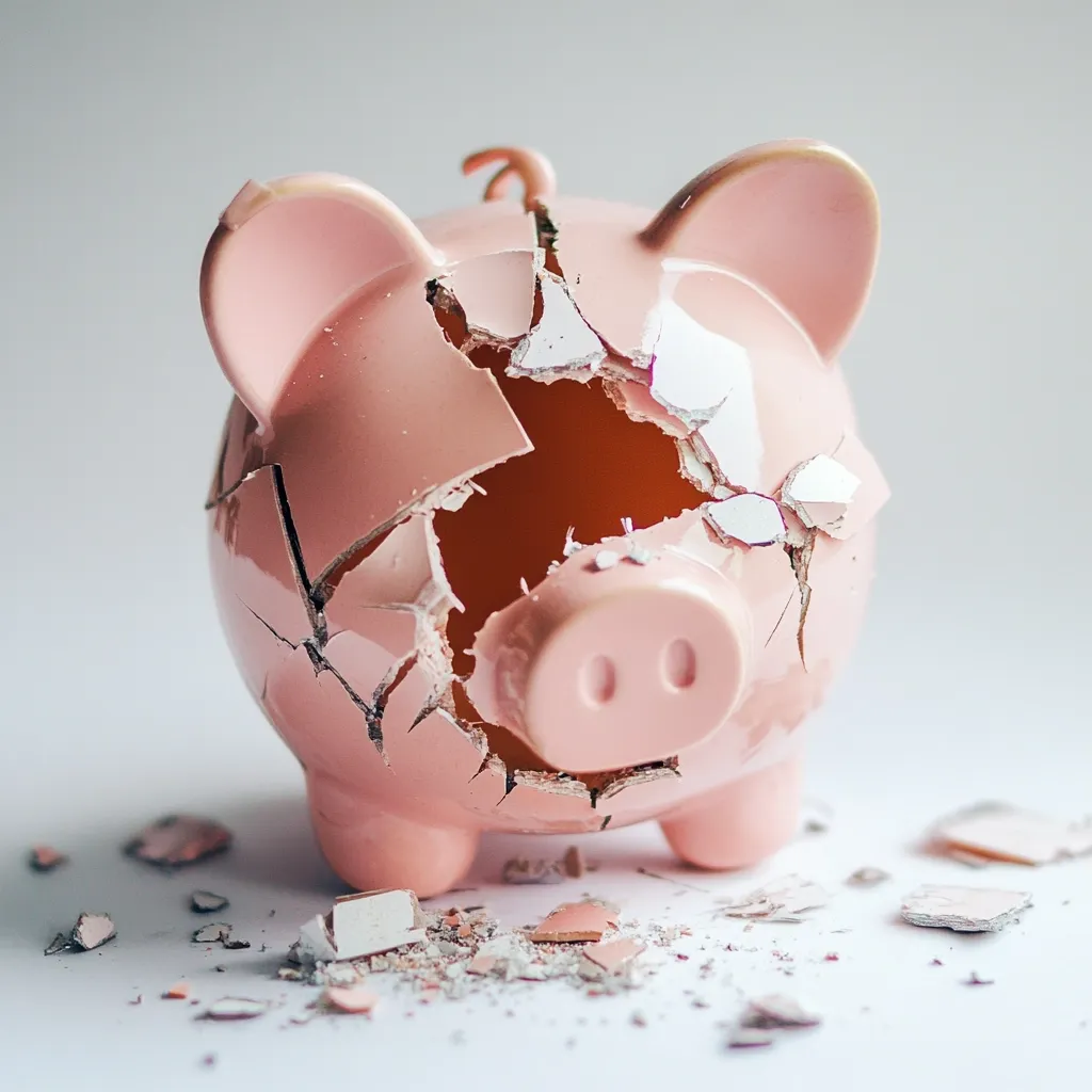 A pink piggy bank lies shattered on a white surface.  Large cracks spiderweb across its body, revealing the interior.  Pieces of broken ceramic are scattered around it, signifying destruction and loss. The image symbolizes financial ruin or bankruptcy.