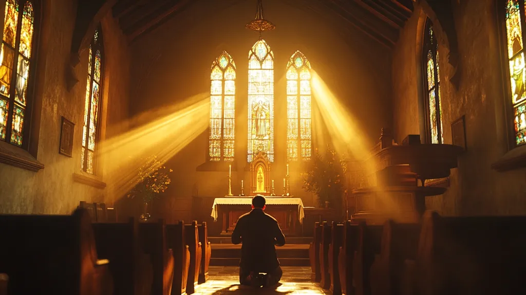 Golden sunlight streams through stained-glass windows of a church, illuminating dust motes in the air. A lone figure kneels in prayer before the altar, bathed in the warm glow. The scene is peaceful and serene, conveying a sense of reverence and spiritual connection within the sacred space.  Wooden pews line the aisle, leading the eye towards the radiant light.