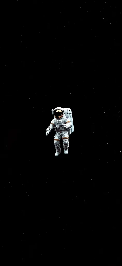 A lone astronaut floats in the inky blackness of space, their white spacesuit stark against the backdrop of distant stars.  The astronaut appears to be drifting, a small figure against the vast emptiness.  The image evokes a sense of isolation and the awe-inspiring scale of the cosmos. The scene is minimalist and dramatic, focusing on the astronaut's solitary journey.
