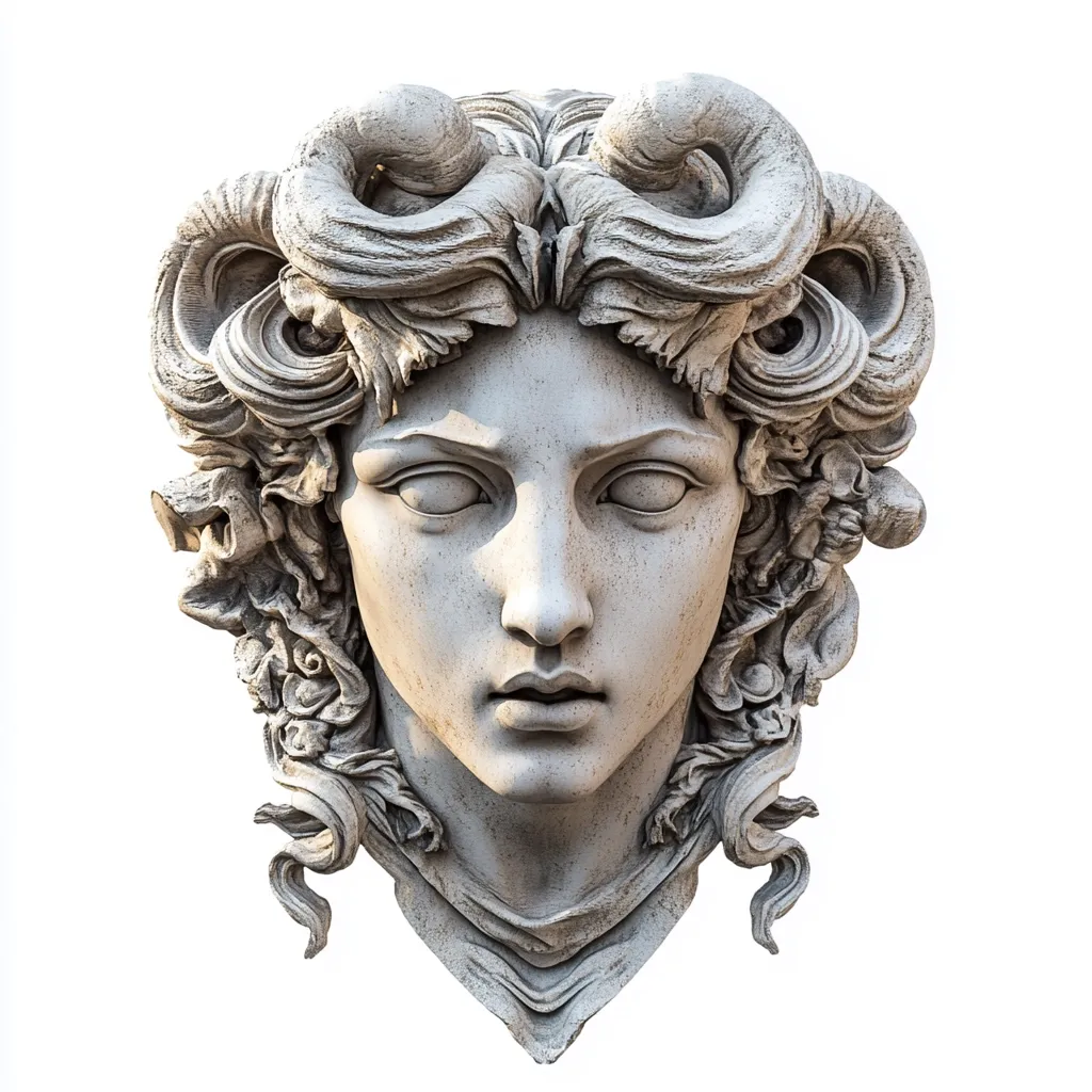 A detailed close-up reveals a sculpted head, seemingly of a classical woman, adorned with intricately carved ram's horns and flowing hair.  The stone features a serene yet serious expression, with deeply set eyes and a composed mouth.  The artistry showcases the skill in rendering textures and details in the hair and facial features, creating a striking image against a clean white background.