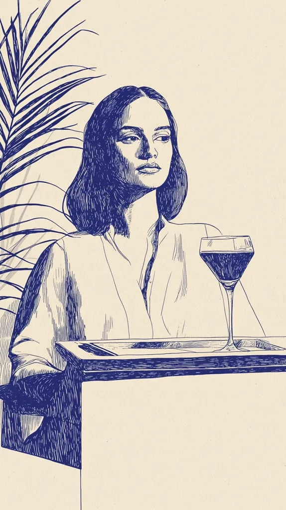 A blue ink illustration depicts a woman with short hair, seated at a bar.  She wears a collared shirt and gazes pensively ahead. A glass of wine sits on the bar in front of her, beside a tray. A palm frond partially obscures the background, adding a tropical touch to the scene. The overall style is reminiscent of vintage illustrations or graphic novel art.